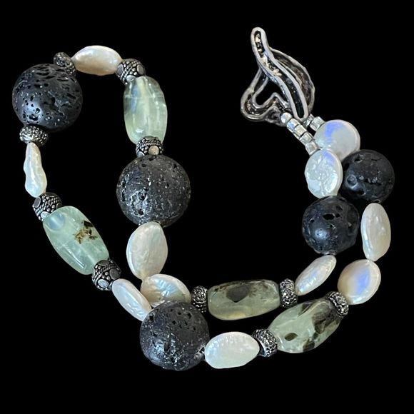 Natural Baroque Coin Pearl Moss Agate Lava Bead Necklace Sterling Silver Heart - Picture 7 of 8